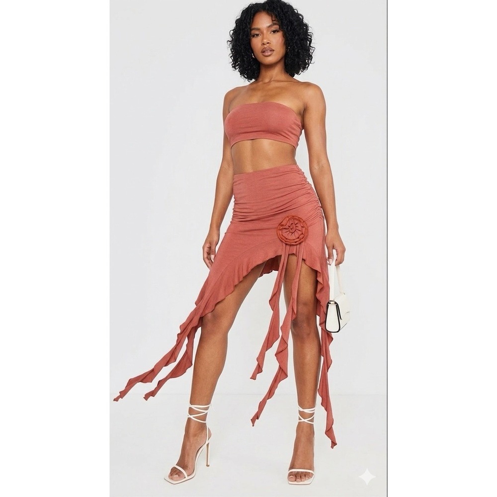 Pretty Little‎ Things Burgundy Jersey Bandeau Crop Top & Skirt Set Size XS